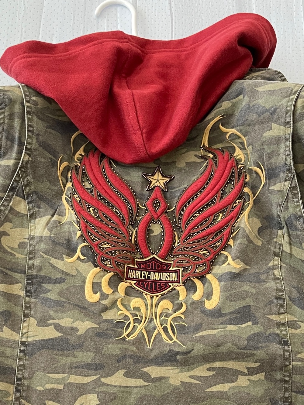 Harley-Davidson womens Camo Jacket with Red Hood & Embroidered Back
